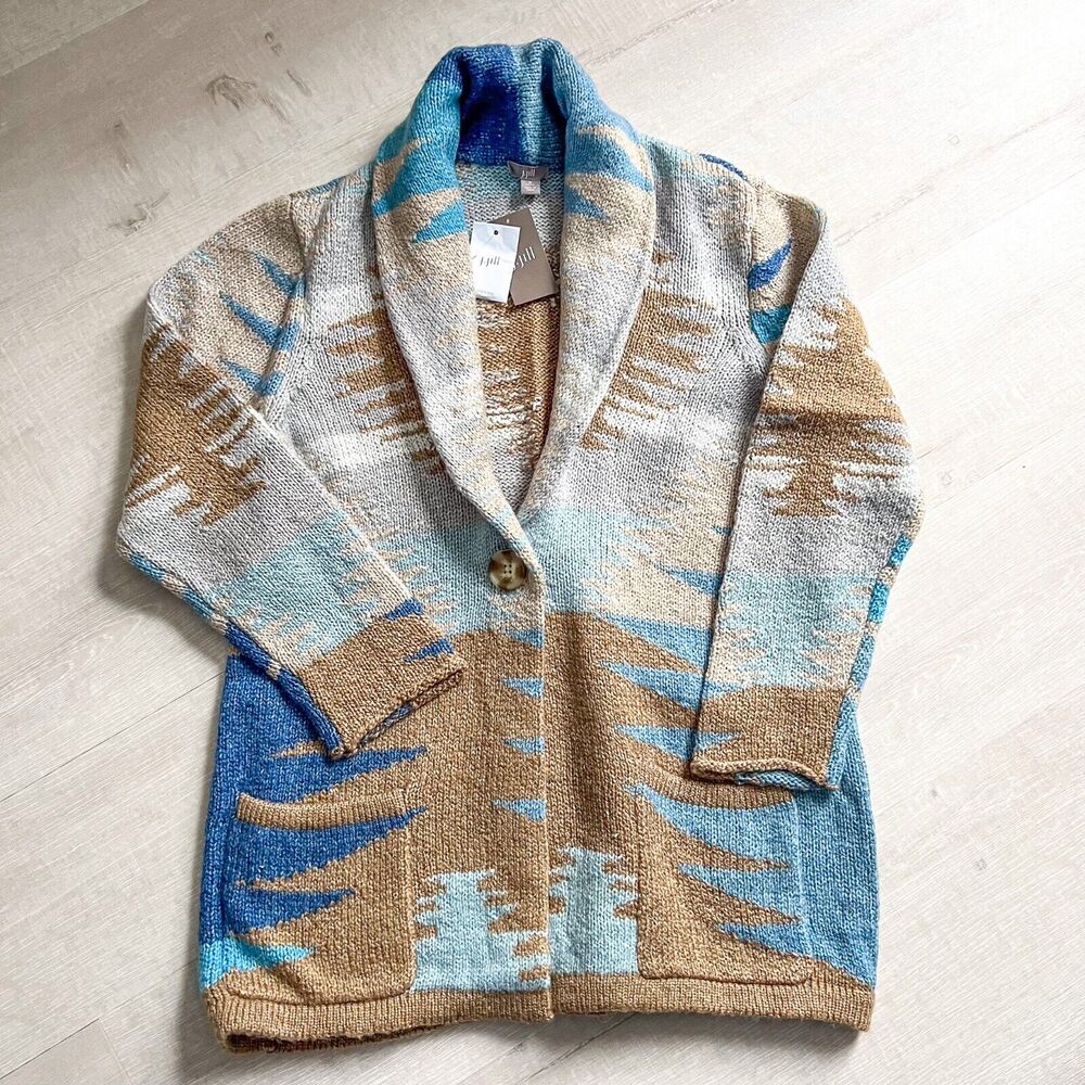 BNWT J.Jill Women Sz Medium Petite Aztec Boho Shawl Cardigan Sweater Blue Brown - Picture 1 of 8